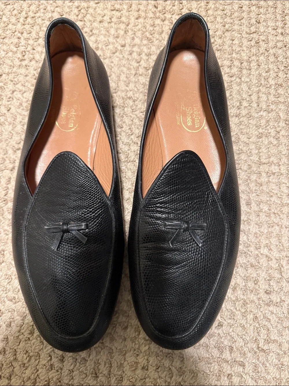 Authentic Belgian Shoes Black Lizard-Texture Loafers